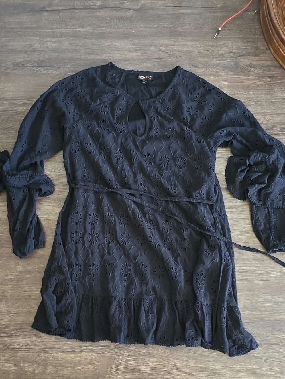 Shyanne Navy Eyelet Tie-Waist Long Sleeve Dress